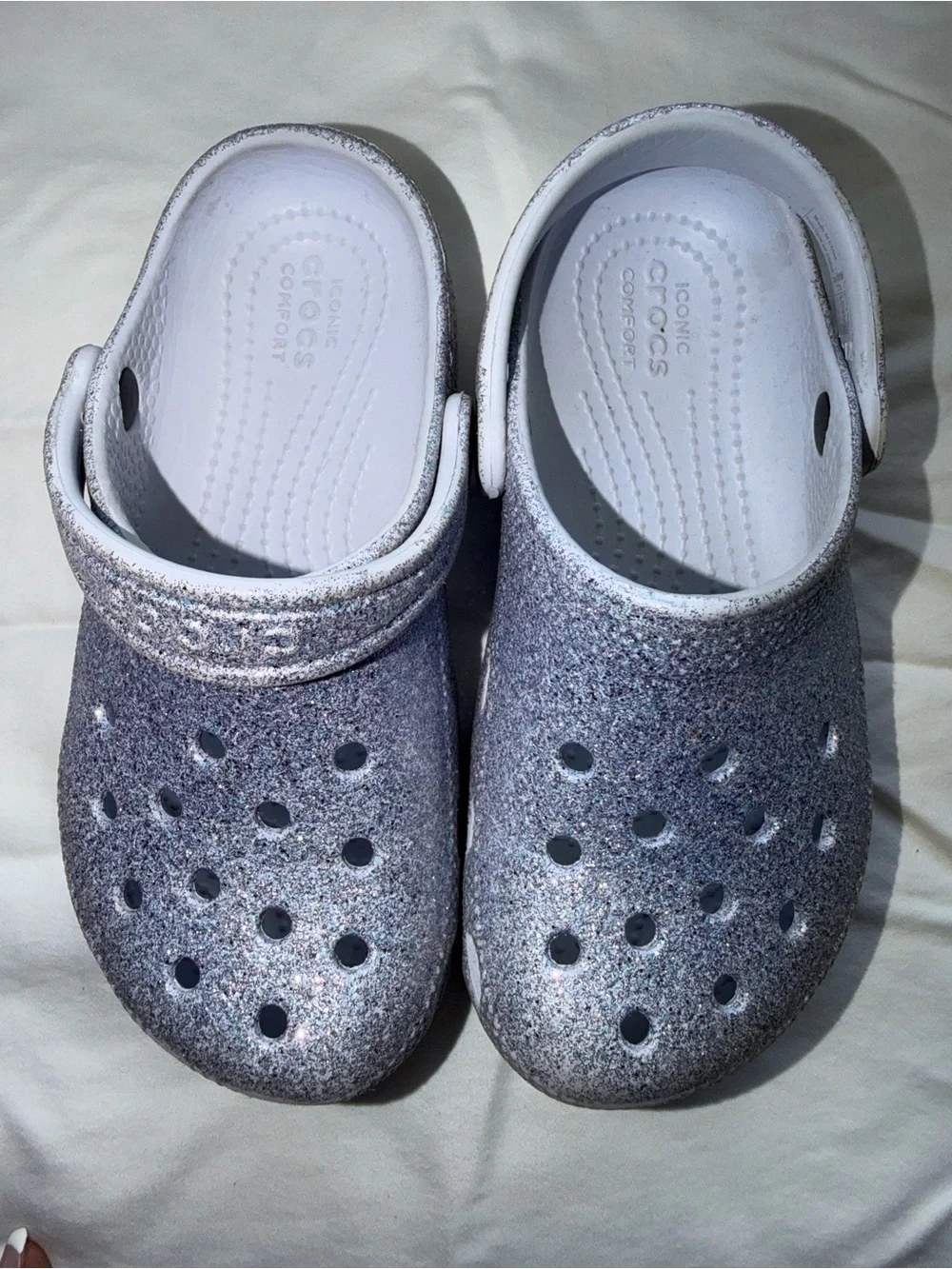 CROCS Kids Glitter Clog Sandals - White/Silver Glitter